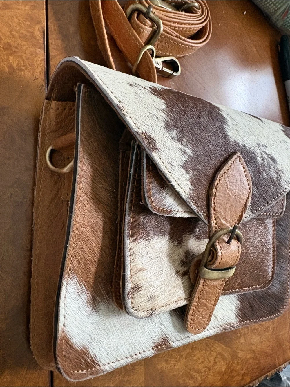 Cowhide Crossbody Satchel purse in Brown and White